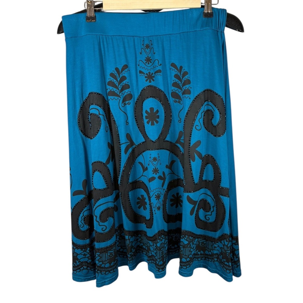 Basil Teal Blue Beaded Graphic Print Knee Length Skirt Womens Large Stretch Boho